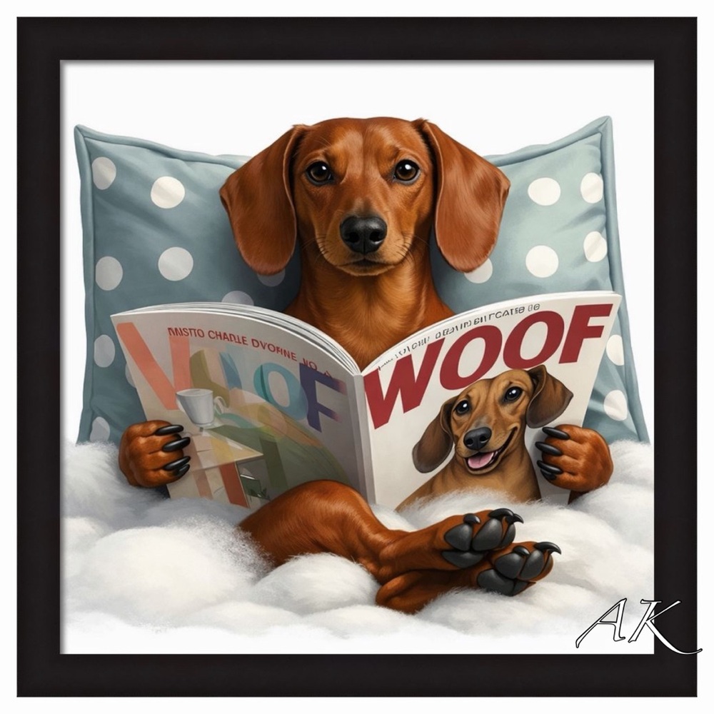 Dachshund Reading WOOF Magazine Framed Art 🐾 Doxie Wiener
